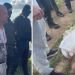 Left: a man is being detained by masked police officers beside a patrol car; Right: an injured person lies on the ground wrapped in a white sheet with bystanders nearby.
