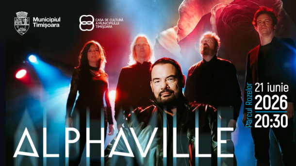 Concert poster for Alphaville in Timisoara, June 21, 2026 at 20:30, featuring the band photo and official logos in the corners.