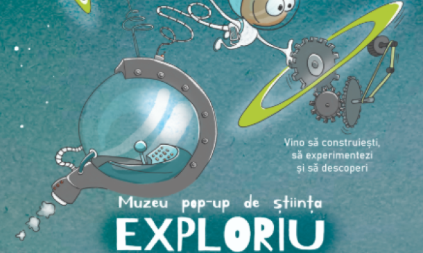 Poster în stil science-pop-up pentru muzeu EXPORIU, cu astronaut, roboți și planete pe fundal spațial; eveniment 6–11 iulie 2026, 17:30–20:30; curiozitatea nu are vârstă!