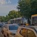 Street scene with two trams and several cars in a city, trees in the background, sunny day.