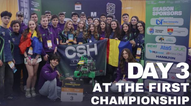 Group of students and mentors pose with a green robot and a 'CSH' banner at a robotics championship; Day 3 at the First Championship text visible.