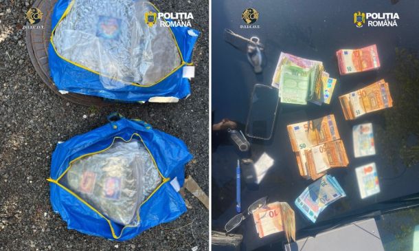 Two blue bags with clear panels sit on gravel (left); on the right, a car hood displays scattered euro banknotes and police logos nearby.