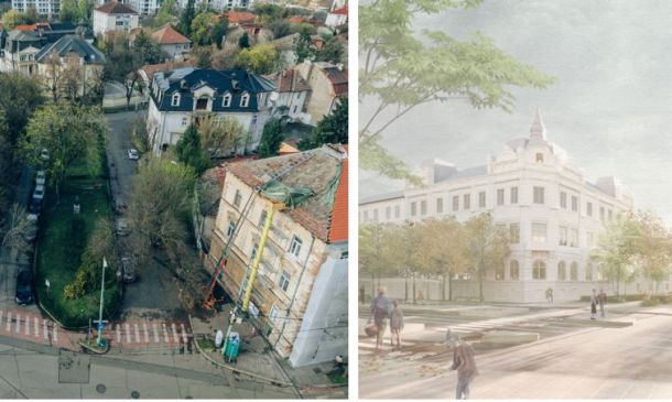 Split image: left panel shows an aerial view of a tree-lined urban street with colorful buildings; right panel shows a sunlit plaza with a white historic building and trees.