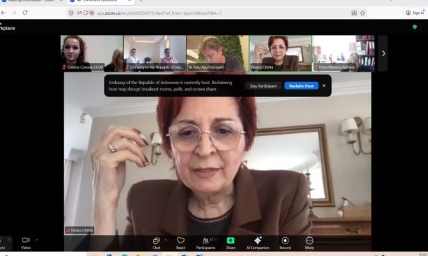 Video conference screenshot: main speaker Florica Chirita wearing glasses and a brown blazer, with participant thumbnails along the top edge.