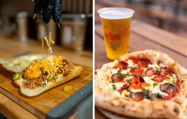Two-panel collage: left panel shows a gloved hand sprinkling shredded cheese over a loaded hot dog on a wooden board; right panel shows a pepperoni pizza with melted cheese and a pint of beer on a wooden table.
