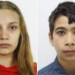 Two passport-style headshots side by side: left photo shows a young woman with long light brown hair wearing a red hoodie; right photo shows a young man with short dark hair wearing a blue collared shirt. Both have neutral expressions against a light background.