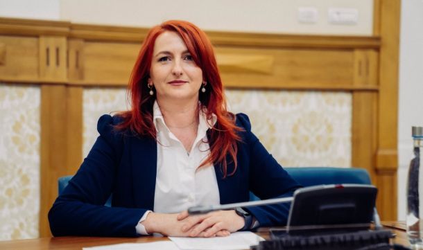 Professional woman with red hair in a navy blazer sits at a conference table, hands folded, facing the camera in a meeting room.