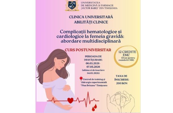 Poster for a postgraduate course on hematologic and cardiologic complications in pregnancy; shows a pregnant woman with a heart-rate line and holding her belly, logo of Victor Babeș University.
