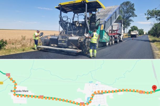 Road construction scene: workers guide an asphalt paver laying new asphalt on a rural highway, with a truck behind it; below is a map showing a curved orange-dashed route ending at a red pin.