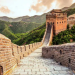 Section of the Great Wall of China with stone walkway and watchtower winding through green mountains.