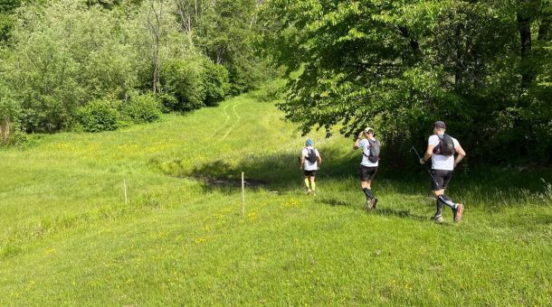Three hikers with backpacks jog along a grassy trail through a sunny meadow bordered by trees.
