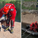 Left panel shows a firefighter in red gear with a dog beside a riverbank; Right panel shows two rescuers in a black inflatable boat near a concrete embankment with a rescuer on shore holding a rope.