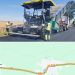 Road construction scene: workers guide an asphalt paver laying new asphalt on a rural highway, with a truck behind it; below is a map showing a curved orange-dashed route ending at a red pin.